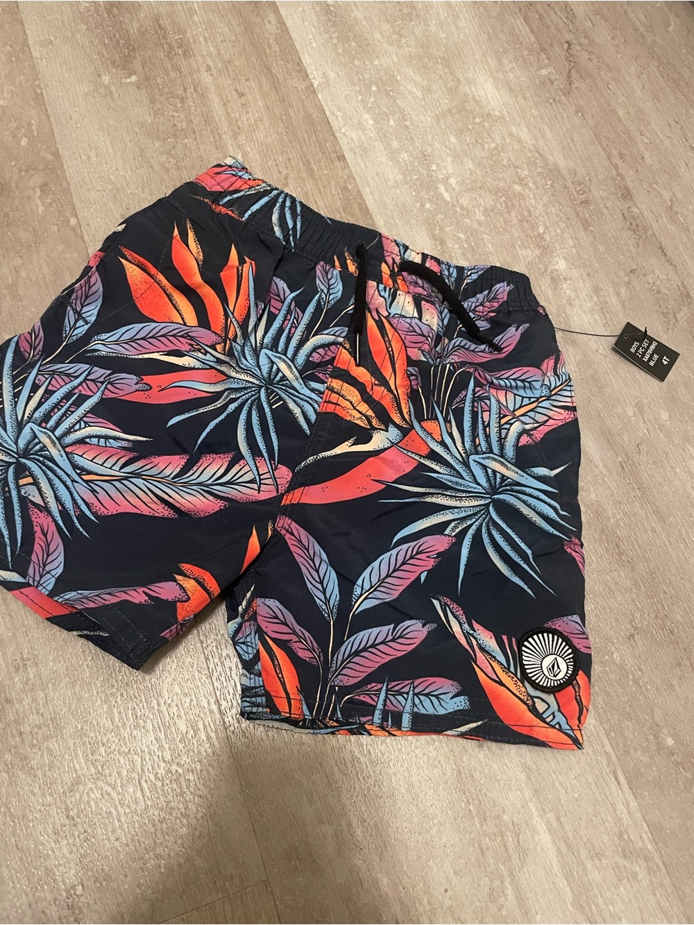 Volcom Boys 4T Navy Tropical Print Swim Shorts with Orange and Pink Accents